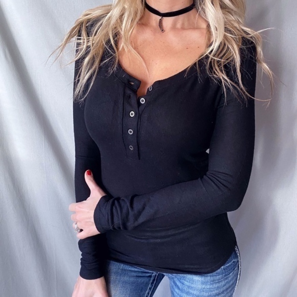 Womens Basic Button Front Long Sleeve Soft Hacci Knit Stretch Henley Sweater Top